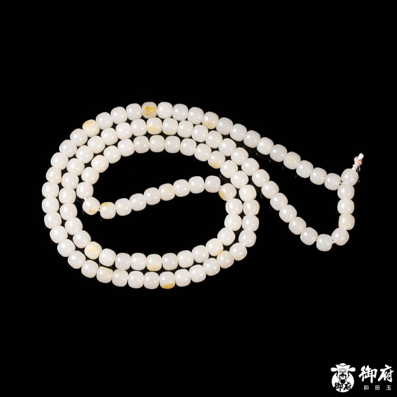 新疆和田玉洒金皮白玉籽玉108桶珠项链 60克 图片2
