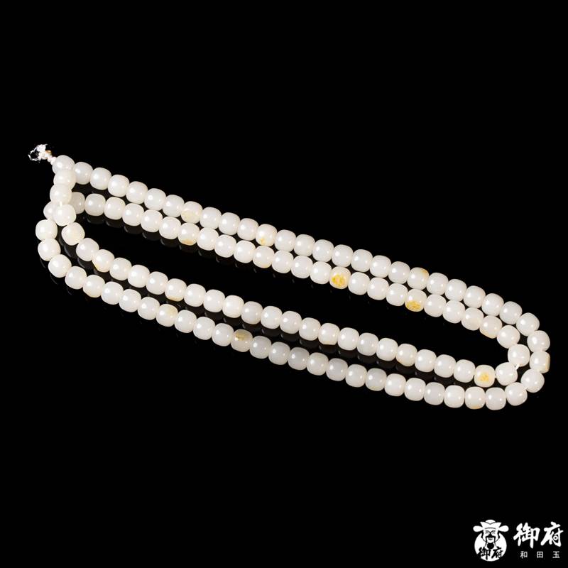 新疆和田玉洒金皮白玉籽玉108桶珠项链 60克 图片3